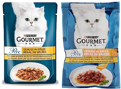 PURINA Gourmet Perle Genuss in Gelee Katzenfutter nass mit Huhn & feiner Brathuhnnote 26er Pack (26 x 85g) & PURINA Gourmet Perle Genuss in Sauce Katzenfutter nass, mit Huhn, 26er Pack (26 x 85g)