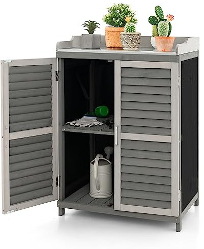 COSTWAY Abri de Jardin Extérieur à 2 Étagères et Plateau en Métal Plaqué, Cabane de Rangement en Bois de Sapin avec Portes, pour Terrasse Jardin Cour 67 x 47 x 100 cm, Gris