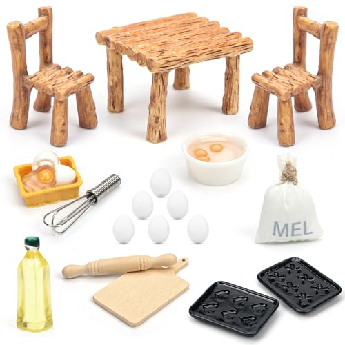KQMGJYB Miniatur Wichtel Zubehör,19 Stück Miniatur Puppenhaus Zubehör,Wichtel Zubehör Backen Miniatur Tisch Küchenmöbel Nudelholz Set Wichtel Tisch und Stühle