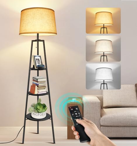 OUTON Stehlampe Wohnzimmer Dreibein mit 3 Regal, Stehlampe Dimmbar mit Fernbedienung, 4 Farbtemperaturen, Timer und Speicher, Stativ Stehleuchte mit Lampenschirm für Schlafzimmer, Büro, Schwarz