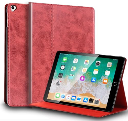 Gexmil Leder Hülle für iPad Pro 12,9 Zoll 2./1. Generation 2017/2015 Echt Leder Hülle Stoßfest, Smart Cover Automatischer Schlaf/Aufwachen,Einstellbarer Ständer rutschfest, Rot