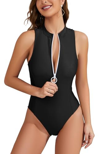 SHEKINI Donne sportive UN pezzo costumi da bagno collo alto eruzione cutanea protezione leotards cerniera costume da bagno, Schwarzl, S