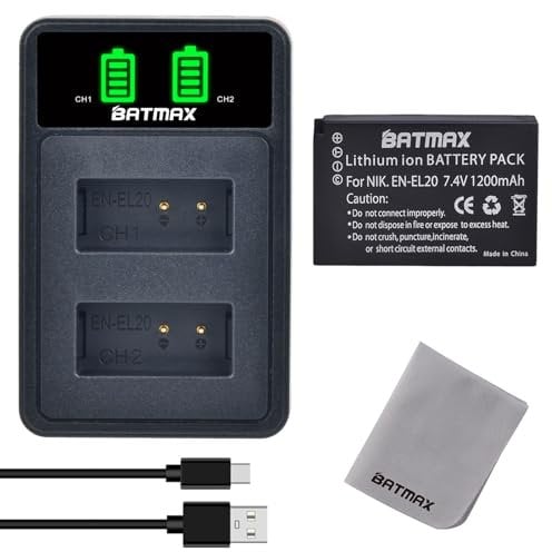 Batmax EN-EL20 Battery and Rapid Battery Charger for Nikon EN-EL20,Nikon EN-EL20a, Nikon Coolpix P1000, Nikon 1 J1,Nikon 1 J1/1 J2/1 J3/1 S1/1 V3, Blackmagic Pocket Cinema Cameras