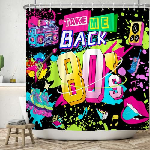 ASDCXZ Rideau de Douche Vintage 180x180 cm, rétro coloré Retour aux années 80 fête Chaussures de Skate Noires Argile Lavables Textile Rideau de Bain imperméable pour Baignoire