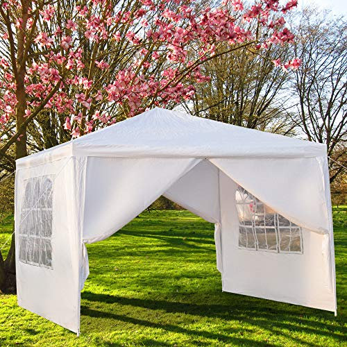 Outopee 3 x 3m Party Tent Gazebo with Sidewall & Windows, Outdoor Gazebo Marquee Garden Wedding Party Tent Waterproof Patio Canopy for Sun Rain Shelter, White(4 Side)
