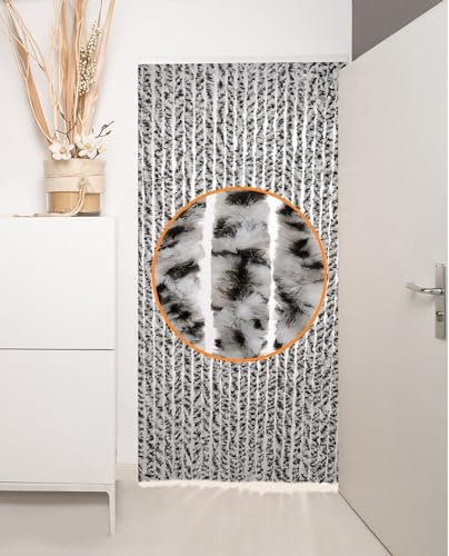 DEFACTO Flauschvorhang Türvorhang (100x200 cm) Chenille Fliegenschutz Insektenschutz Camping 100% Made In Italy - Leicht Zu Reinigen, Effektiver Sicht- Und Hitzeblocker - (Schwarz/Grau/Weiß Mix)