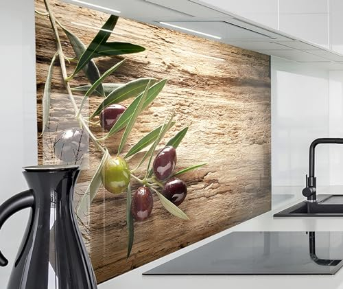 timalo Schutzplatte Spritzschutz Wand Spüle, Küche Küchenrückwand Glasoptik | Acryl Glas 2mm | Glasrückwand Acrylglas Küchenpaneele Küchenspiegel | 60x40cm Oliven altes Holz Olivenzweig