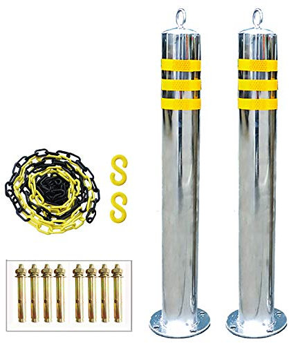 2 Poller und 5 m Absperrkette, Edelstahl-Sicherheitspfosten und Kunststoffkettensatz, reflektierende Bandabsperrungen mit Aufhängering, einfache Installation (750 mm × 76 mm) (600 mm × 76 mm)