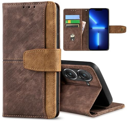 GANGANPRO Funda de cuero para teléfono móvil Asus Zenfone 9/9z/10/10z, antideslizante, resistente a los arañazos, con tarjetero, función atril, funda tipo cartera de 5.9 pulgadas, color marrón