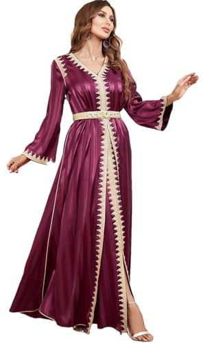 Frauen Ramadan Satin 2 Stück Kaftan Set Muslim Abaya Solid Tape Trim Volle Ärmel V-Ausschnitt Türkisch Arabisch Kleider