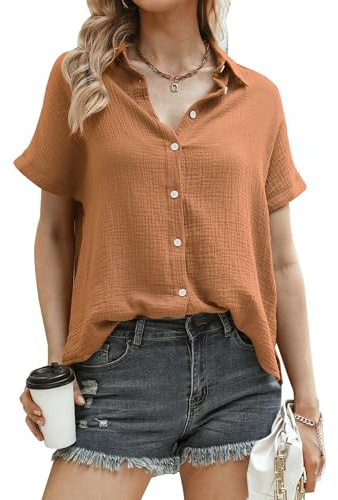 Aottori Chemisier Coton Femme Col V Manches Courtes Coupe Décontractée Été | Coton, col V avec manches courtes, coupe décontractée, adapté au bureau au quotidien ou aux sorties, du bureau aux loisirs