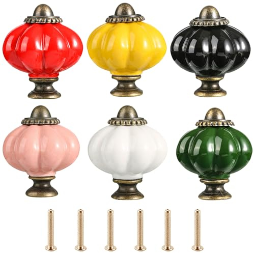 yufana 6 Stück Kürbis Keramik Knopf, Keramische Türknäufe, Vintage Schubladenknöpfe, für Dresser,Kitchen Cabinet Pulls,Schrank Griffe (Weiß+Schwarz+Rot+Dunkelgrün+Goldgelb+Rosa)