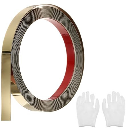 QUARKZMAN Baguette de Moulure Auto-Adhésive en Acier Inoxydable, Dorée Miroir à Coller, avec Gant, Moulure Décorative pour Miroir Mural, 0,6 x 16,4 Pieds