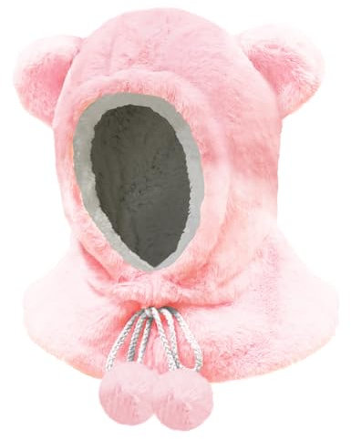 JFAN Wintermütze Kinder Warm Schalmütze mit Fleecefutter Plüsch Beanie Bär Mütze Schal 2 in 1 Mit Bommel-Kordelzug für Jungen Mädchen Rosa
