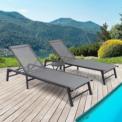 FHVIT Chaiselongue-Sessel für den Außenbereich, Aluminium, Terrassen-Lounge-Sessel, 2 Sets mit 1 Tisch, 5 verstellbare Positionen