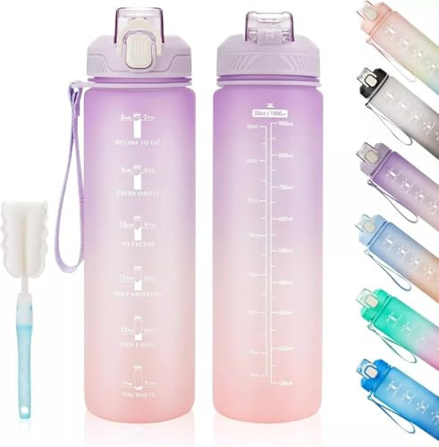 1 Litre Motivational Fitness Sport Water Bottles with Straw & Time Maker, Leakproof BPA-free WITH Carry Strap Plastic Drink Bottle 1L Design for Girls, Boy Running,cycling (Purple-Pink Gradient)