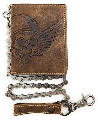 echt Leder Biker Geldbörse Massive Fahrrad-Kette Portemonnaie Totenkopf RFID Schutz Wing of Hell
