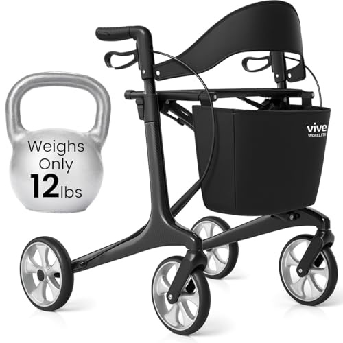 Vive Lightweight Rollator Walker with Seat - Carbon Fiber Frame for Seniors