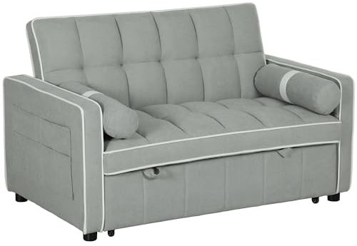 HOMCOM 2 Seater Sofa Bed, Click Clack Pull Out Sofa Bed with Adjustable Backrest and Pillows, 3-in-1 Modern Tufted Settee for Living Room, Bedroom, Guest Room, Light Grey