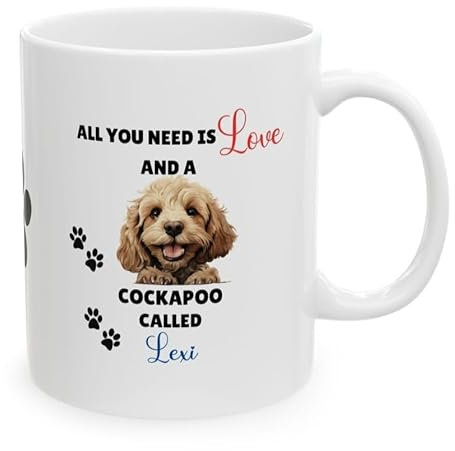 Personalised Cockapoo Dog Lover Coffee Mug, Ceramic Cup with Paw Prints, White, 'All You Need is Love' Design