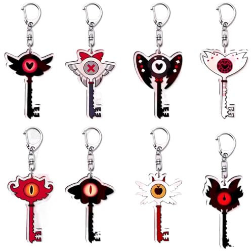 8 Pcs Hazbins Hotels Schlüsselanhänger Cartoon Figur Angel Dust Alastor Vaggie Husk Cosplay Zubehör Schlüssel Form Acryl Anhänger Set