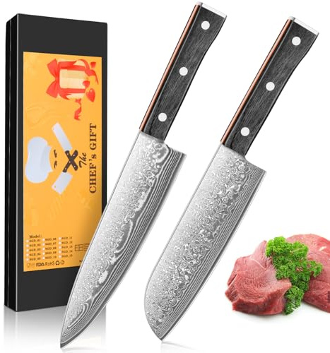kyushublade Damascus Knife Set of, Japanese Damascus Steel 67 Layers Kitchen Chef Knife Set, Professional Santoku Knives, Cooking Knifes with Wooden Handle, for Home and Restaurant