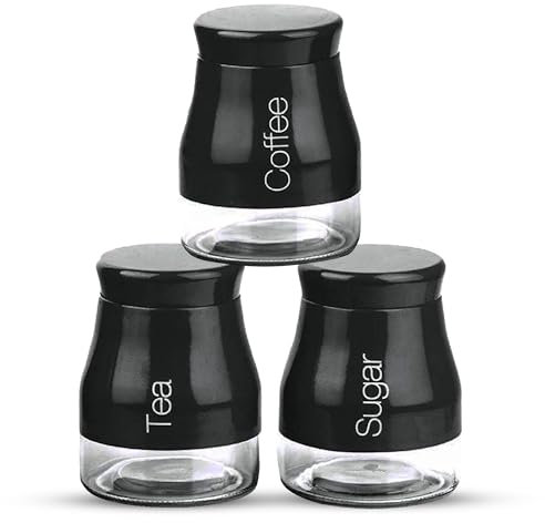 ATEK Set of 3 Kitchen Storage Canister – Tea Coffee Sugar Jars Pots Containers with Screw Lid Food Multipurpose Class Coffee Jars for Kitchen Canister Set Tea Sugar and Coffee Container Set (Black)