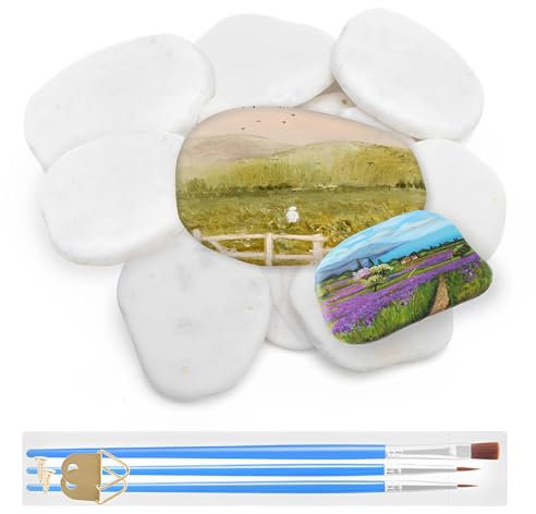 12 Stück Flache Steine Zum Bemalen, 3 Pinsel Zum Bemalen, Gemalter Kieselsteine, Flache Dekosteine, Weiß Glatte Große Kieselsteine, 3-8 cm, Steine Zum Bemalen, Kieselsteine Zum Bemalen