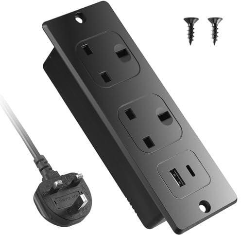 Recessed Desk Power Socket with USB C PD 20W, Built-in Power Outlet with USB A & USB C, Flush Mount Power Strip with 2 Outlets, Embedded Desk Charging Station for Office & Home, 2M Cable, Black