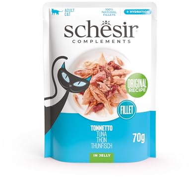 Schesir, Thunfischfilets in Gelee, ergänzendes Nassfutter für Katzen, Originalrezept, 100% natürlich, 12 Beutel à 70 g