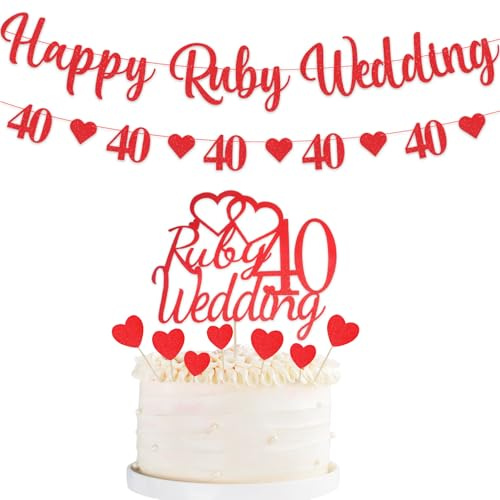 40th Wedding Anniversary Decorations, Happy Ruby Wedding Banner 25Pcs 40th Wedding Cake Toppers 40 Anniversary with Red Heart Bunting Glitter Heart Cake Decoration