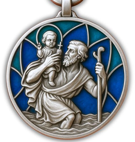 ELBKAISER Porte-clés de voiture Saint Christophe - Pendentif de voiture Saint Christophe pour automobilistes - Saint Christophe pour voiture - Pendentif Saint Christophe pour voiture, Bleu émail