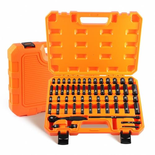 Putentfun 1/4 Drive Impact Socket Set, 57pcs Deep Impact Socket Set 4mm - 15mm, Metric, 6 Point, Cr-V, 1/4-Inch Drive Ratchet Handle, with 2pcs Drive Impact Extension Bar Set 3, 8