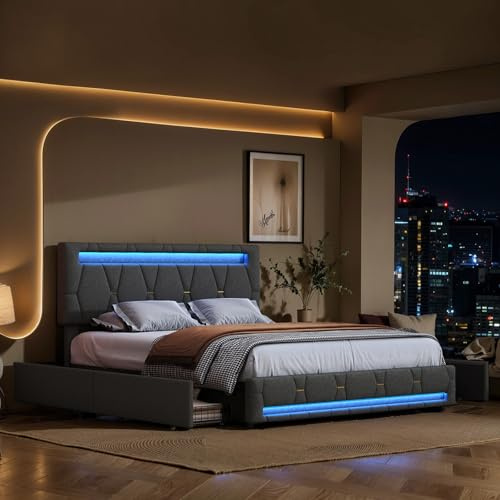 BRILVERDE Polsterbett 160x200 mit Stauraum, Doppelbett mit USB und LED, Verstellbares Kopfteil, Jugendbett mit 4 Schubladen, Bettgestell mit Lattenrost, Linen (Grau, 160 x 200 cm)