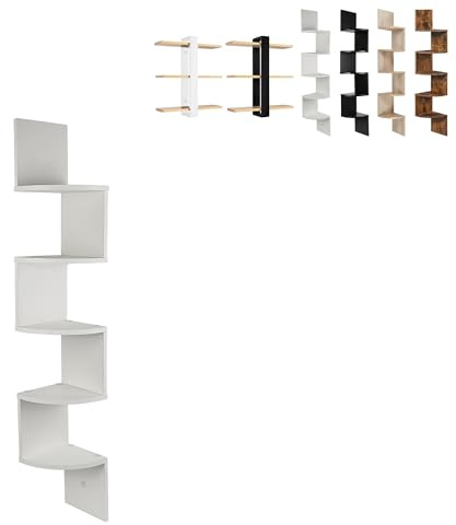 XUANYU Eck-Wandregal, 5 Ebenen, Bücherregal in Zickzack-Form, Eckregal für Wohnzimmer, Schlafzimmer, Büro, Küche (Weiß, 20 x 20 x 120 cm)