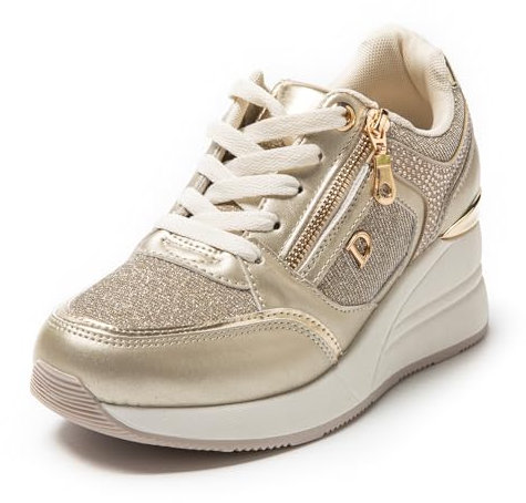 JOMIX Scarpe da Ginnastica Donna con Zeppa Sneakers Eleganti Glitterati con Cerniera Laterale e Suola Spessa Comode per Camminata Quotidiana WSC255217 Beige 41
