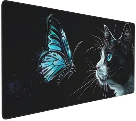 Tapis de Souris Chat XXL 600x300 mm Tapis de Souris Gaming Antidérapant Desk Mat avec Bord Verrouillable, Imperméable Grand Mouse Pad Convient pour Bureau, Maison et Salle de Jeux (Papillon) 2S-304