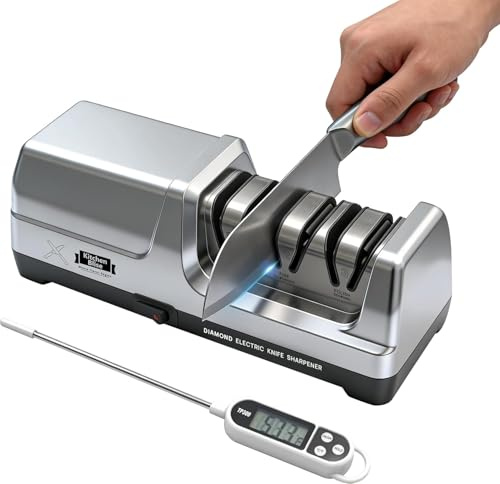 KITCHEN BLISE Electric Knife Sharpener for Kitchen—Fast Sharpening to Restore and Polish Chef Straight and Serrated Knives with 3 Stages & 20° Angle System with Metal Dust Box