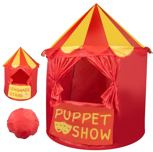 Round Puppet Theater Play Tent with Reversible Front Panel, 2-in-1 Puppet Show & Lemonade Stand, Foldable Portable Playhouse with Carry Bag, Indoor & Outdoor Creative Role Play Stage
