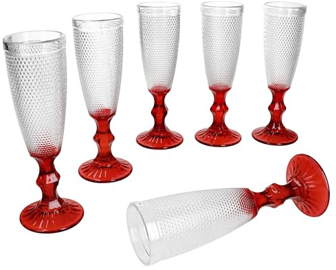 MamboCat Rubin Lot de 6 flûtes à champagne I 150 ml I Flûtes à champagne avec pied rouge I Aspect structuré I Flûtes à champagne hautes pour champagne, prosecco et champagne I Fêtes, Noël, etc.