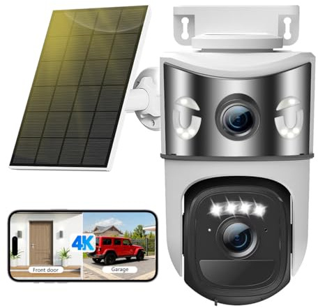 Calike 8MP Cámara Vigilancia WiFi Exterior Solar con Doble Lente, Panel Solar 6W, 360° PTZ,Visión Nocturna en Color,Audio Bidireccional,Detección Humana PIR, 2.4GHz,IP66
