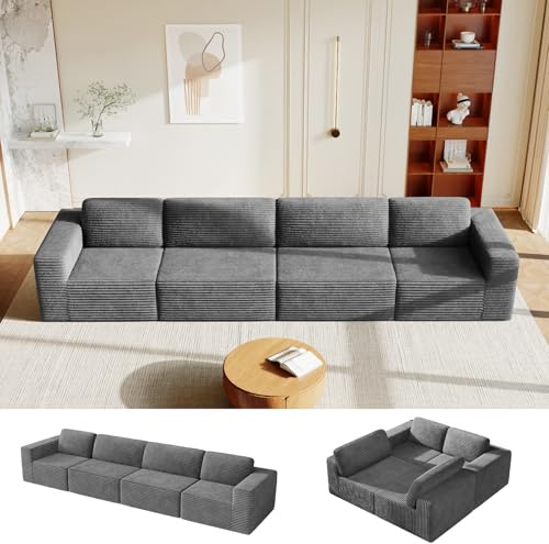 Vesgantti 404 cm Modulares Ecksofa mit Schlaffunktion, 4-Sitzer Corduroy Schlafcouch mit Federkern, Extra Tiefe Sitzfläche, Boneless Couch für Wohnzimmer, Schlafzimmer, Wohnung, Ohne Montage, Grau