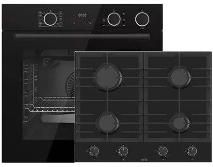 Böhme Einbaubackofen AirFry & Dampfunterstützung 73L HB60F78DL + Gasline 60 cm Gaskochfeld Glaskeramik 4 Brenner – Einbaugeräte Set Schwarz