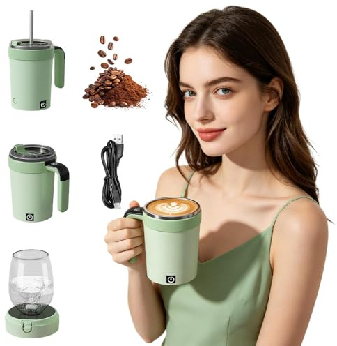 Mineup Self-Stirring Magnetic Coffee Cup with Temp Display, 380ml Self Stirring Mug Rechargeable, Automatic Magnetic Stirring Coffee Mug with Detachable Base for Coffee, Tea, Milk, Cocoa (Green)