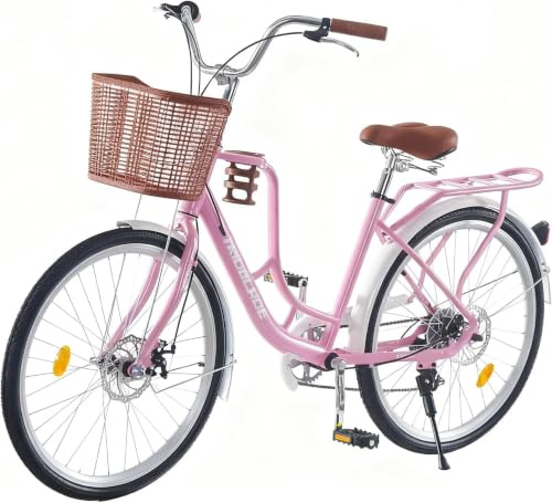 KernGut Women City Bike 24/26Zoll mit Korb,7-Gang Damenfahrad mit Tassenhalter und Reflektoren,Doppelscheibenbremse,Gepäckträger,Verstellbaren Armlehnen und Sitz,Komfort Vintage Fahrra