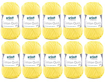 Gründl Wolle Cotton Quick uni - dünne Wolle zum Häkeln - Strickgarn - Häkelgarn - Glänzend und hautfreundlich - 100% Baumwolle - 10 Knäuel 50 g / 125 m - Nadelstärke 3-4 - Gelb