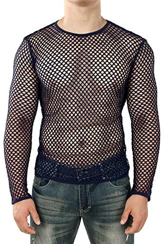 JOGAL Mens Fishnet Mesh Long Sleeve Shirt Fitted Muscle Top X-Large Navy