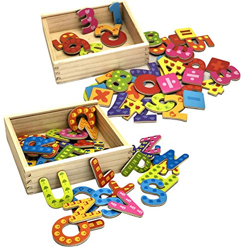 TikTakToo Holz Magnet Buchstaben und Zahlen in Holzkiste mit magnetischen Holzbuchstaben und Magnetzahlen in verschließbarer Kiste aus Holz, mit Anlautbildern zum Schreiben und Rechnen Lernen, ABC