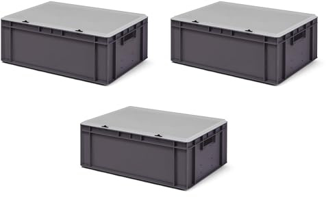 1a-TopStore 3 Stk. Transport-Stapelkasten TK621-D, grau, mit transparentem Deckel, 600x400x221 mm (LxBxH), aus PP, Volumen: 40 Liter, Traglast: 50 kg, lebensmittelecht
