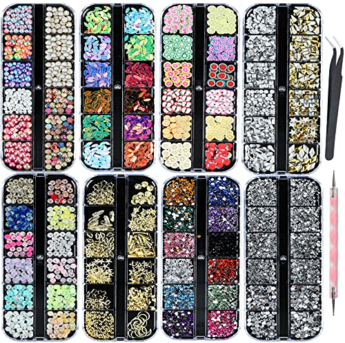 8 Cajas Piedras para Uñas Decoración - Decoración Adornos de Uñas, Colorido Kit de Diamantes de Uñas de Arte Piedras para Diamantes de Uñas 3D Pedrería Cristales de Uñas para Decoración Arte de Uñas
